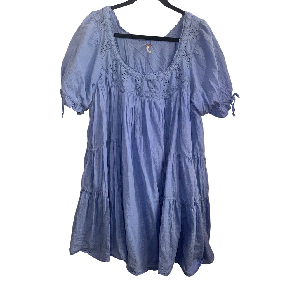 Free People Sandy Shores Mini Dress Blue Eyelet Smocked Tiered Babydoll  L - Picture 4 of 11